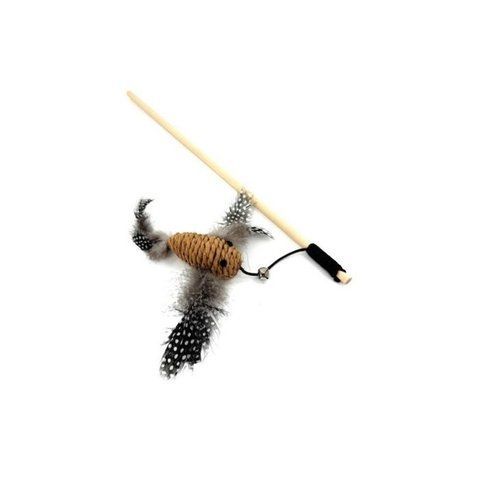 HIPPIE PET Игрушка для котов Удочка с птичкой из веревки и перьев коричневая 40 см HIPCW2303008RU фото